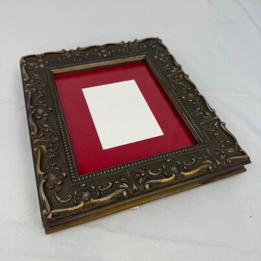 Vintage Ornate Baroque Bronze Gold Picture Frame Red Velvet Mat 8x9.25